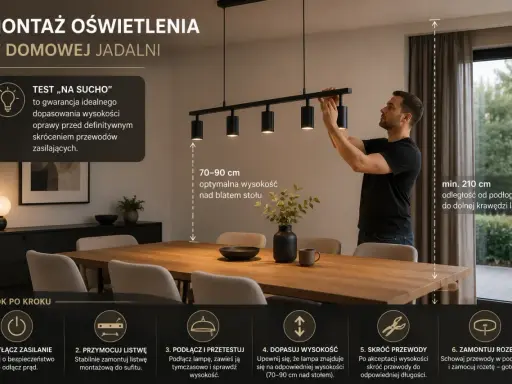 Instrukcja montażu lampy wiszącej w jadalni. Różne rodzaje lamp wymagają precyzyjnego dopasowania wysokości.