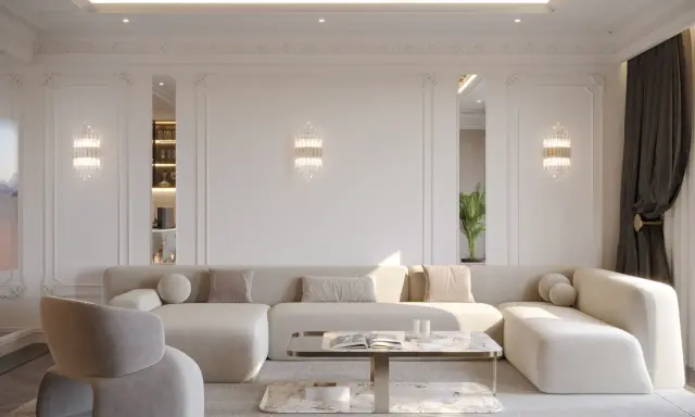 Elegancki salon z nowoczesnym sufitem. Luksusowy pomysł na sufit w salonie z oświetleniem tworzącym efekt fal.