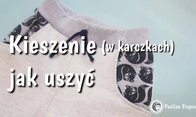 Szare spodnie z ozdobnymi kieszeniami w karczkach, z motywem lisów. Jak uszyć takie kieszenie w spodniach?