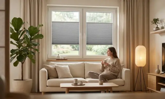 Kobieta pije kawę w salonie w stylu japandi. Jasna sofa, duża roślina i minimalistyczne dodatki tworzą przytulną atmosferę.