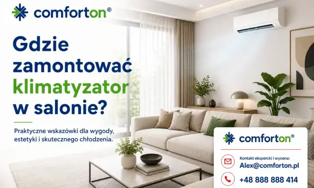 Nowoczesny salon z klimatyzatorem na ścianie. Dowiedz się, gdzie zamontować klimatyzator w salonie dla optymalnego komfortu.