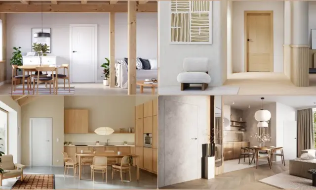 Wnętrza w stylu **modern organic**: jasne drewno, proste formy, naturalne materiały, przytulna atmosfera.