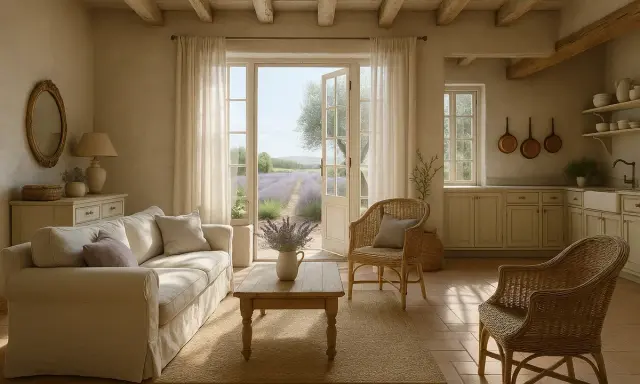 Przytulny salon w stylu gustawiańskim z widokiem na pola lawendy. Jasna sofa, wiklinowe fotele i drewniane belki tworzą sielski klimat.