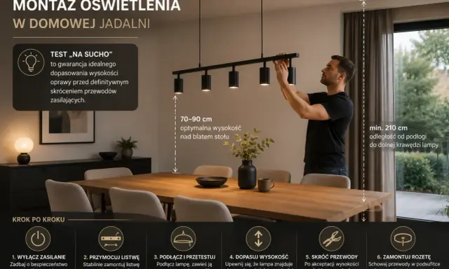 Instrukcja montażu lampy wiszącej w jadalni. Różne rodzaje lamp wymagają precyzyjnego dopasowania wysokości.