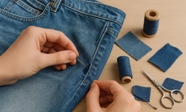 Ręce zszywają rozpruty szew w jeansach, używając igły i nici. Obok leżą tamborek, nożyczki i kawałki dżinsu.
