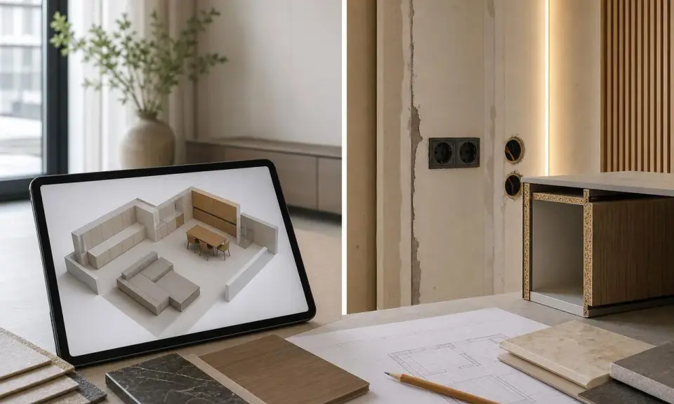 Projektowanie wnętrz na tablecie. Widok 3D salonu i jadalni, obok próbki materiałów i szkice.