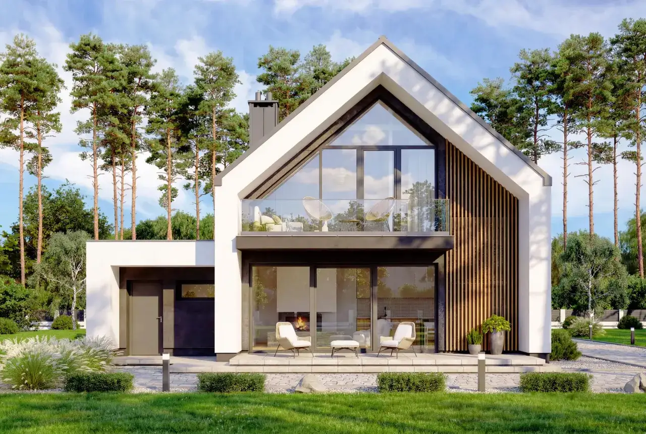 Nowoczesny dom w stylu modern farmhouse z dużymi przeszkleniami, drewnianymi elementami i tarasem.
