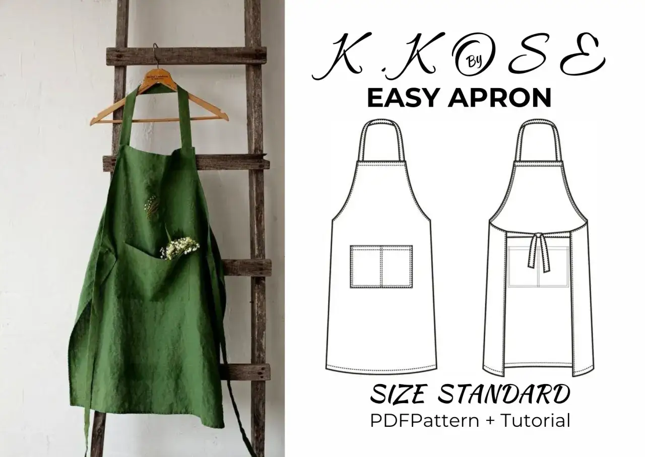 Jak uszyć fartuch kuchenny? Prosty wz&oacute;r i tutorial. Zielony fartuch z lnu z kieszenią, ozdobiony kwiatami.