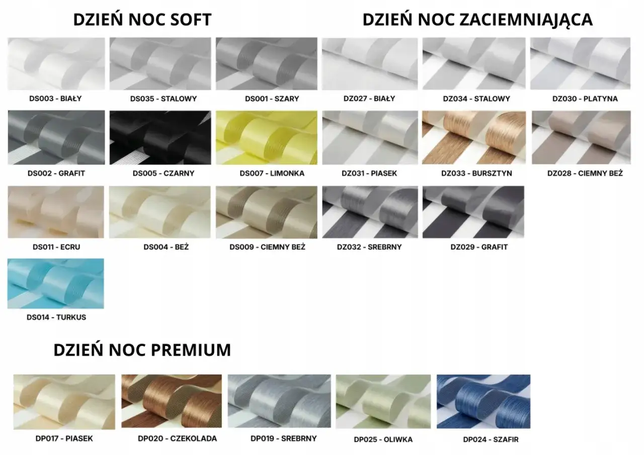 Kolekcja rolet dzień-noc w odcieniach ecru i beż. Wzory DS011, DS004, DS009, DP017.